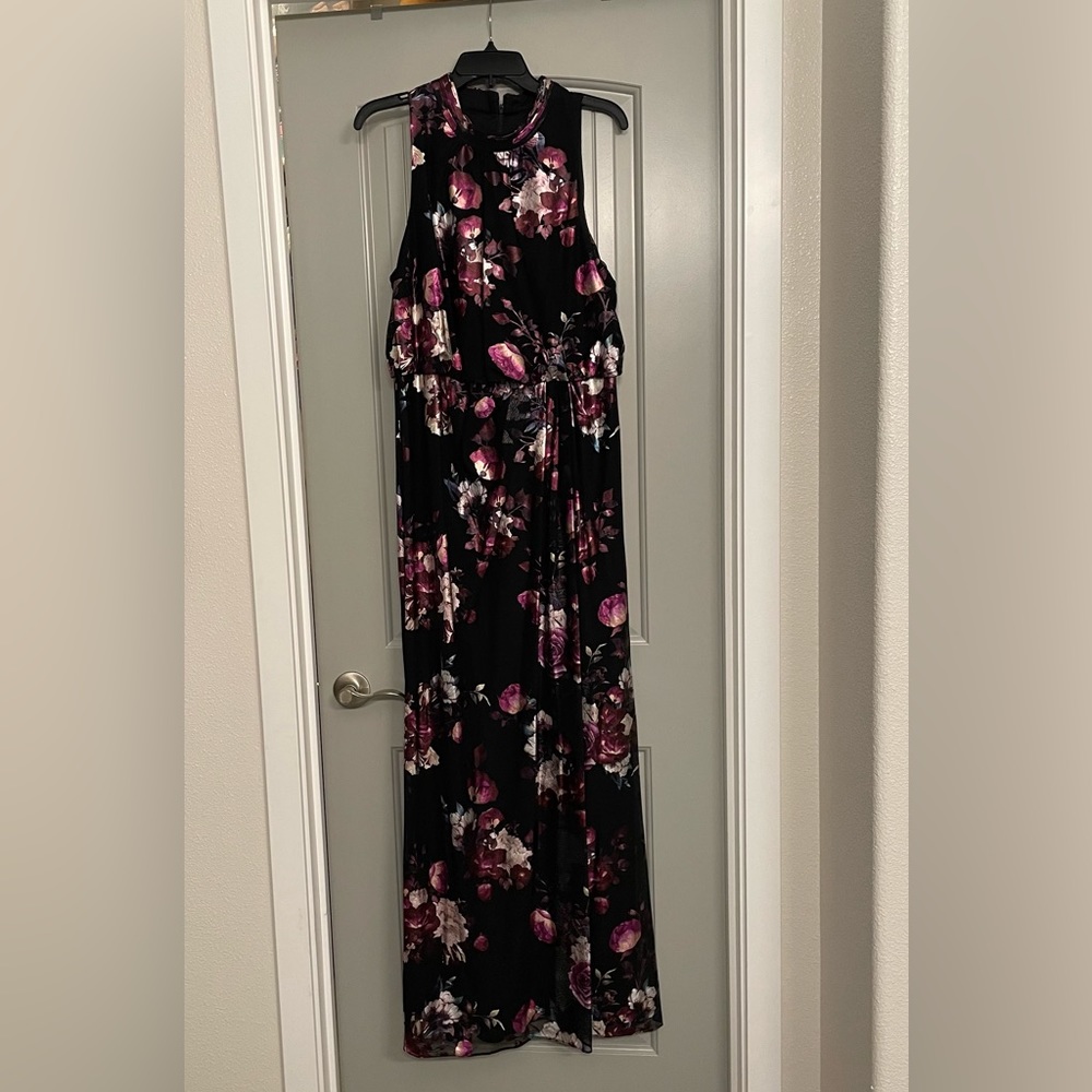 Floral Print Mesh Long Halter Blouson Gown Adrianna Papell